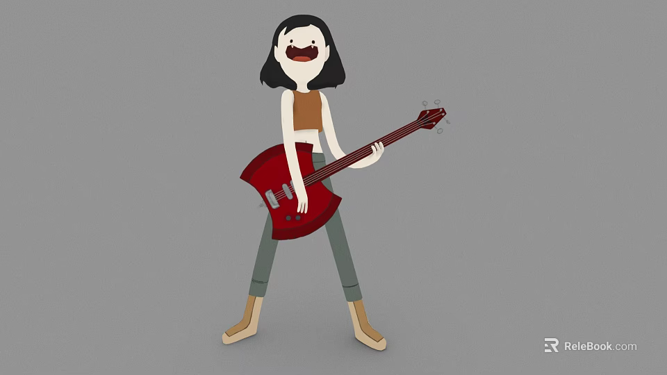 Woman Holding Red Electric Guitar Wearing Brown Top Green Pants And Brown Boots 3d model 