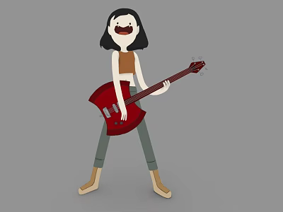 Woman Holding Red Electric Guitar Wearing Brown Top Green Pants And Brown Boots 3d model