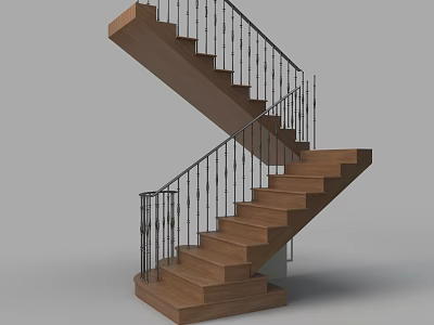 Modern Staircase With Cross Design Warm Wooden Steps And Black Metal Railings 3d model