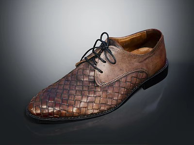 Men's Classic Brown Leather Shoes With Woven Design And Black Laces 3d model