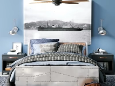 Double Bed In Cozy Bedroom With Upholstered Headboard Blue Plaid Bedding And Black Nightstands 3d model