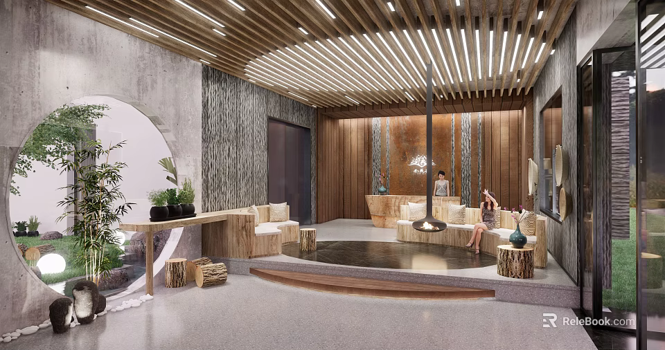 Modern Hotel Lobby Interior With Wooden Walls Circular Archway Potted Plants And Lounge Seating 3d model 