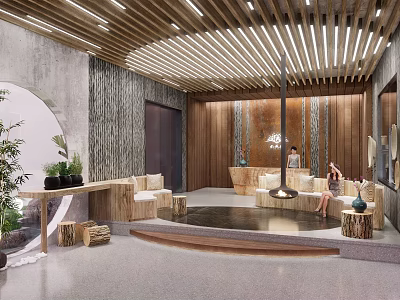 Modern Hotel Lobby Interior With Wooden Walls Circular Archway Potted Plants And Lounge Seating 3d model