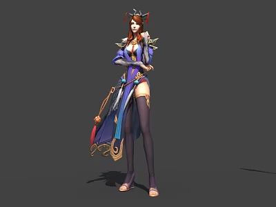 Game Movie Character Wearing Purple Blue Outfit with Gold Accents Holding Long Sword Red Hairpiece 3d model