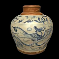 Traditional Ceramic Jar With Blue And White Dragon Patterns Brown Base Classic Oriental Design