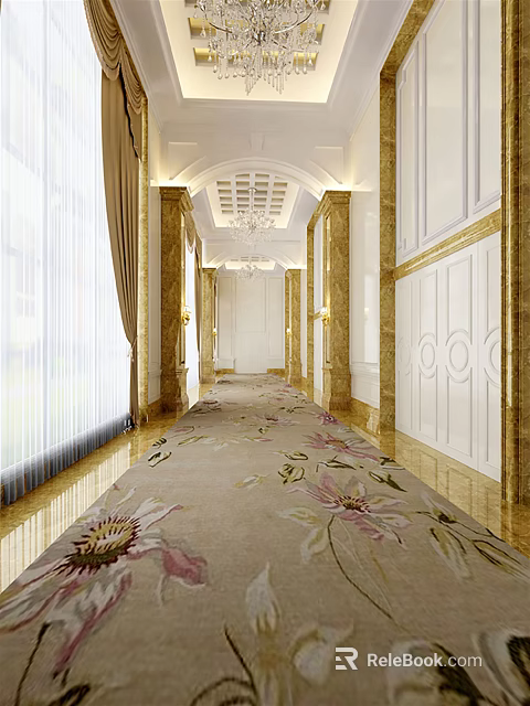 Luxurious Hotel Corridor With Marble Columns Chandelier Floral Patterned Carpet And White Walls 3d model 