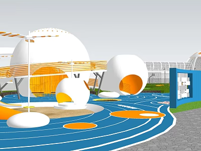 Fun Kids Playground With White Orange Spherical Structures And Blue Running Track 3d model