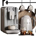 Stylish Kitchen Ornamental Decor Set With Coffee Machine Mugs Jars Wooden Shelf And Metal Utensils