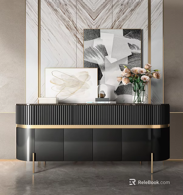 Modern Luxury Entryway Console Table With Black Cabinet Gold Trim Decorative Art And Pink Flowers 3d model 