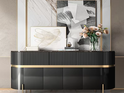 Modern Luxury Entryway Console Table With Black Cabinet Gold Trim Decorative Art And Pink Flowers 3d model
