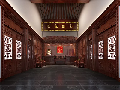 Traditional Chinese Ancestral Hall Interior For Religious Faith With Wooden Carvings And Altar Table 3d model