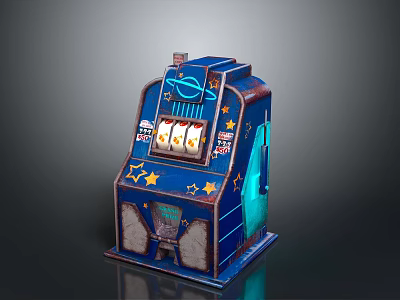 Vintage Blue Slot Machine With Star Decorations And Spinning Reels 3d model