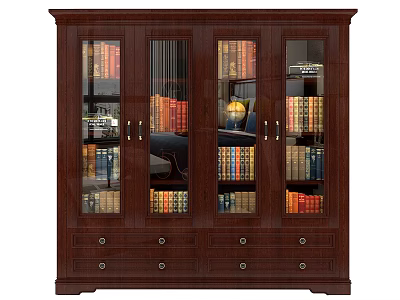 Classic Dark Brown Bookcase With Glass Doors Filled With Books And Drawers Below 3d model