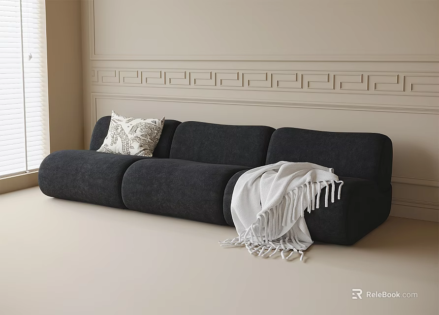 Dark Sectional Sofa With Patterned Cushion White Throw Blanket Light Wall And Decorative Molding 3d model