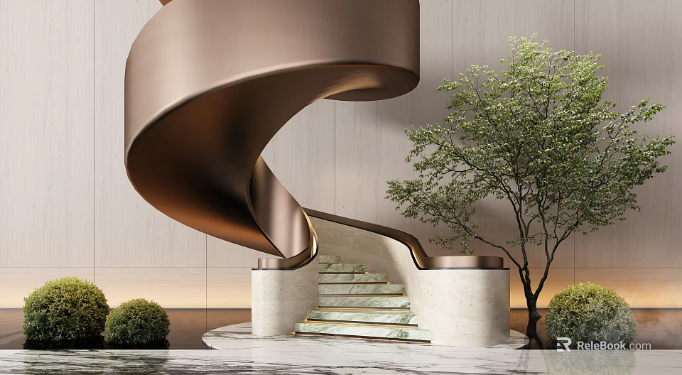 Modern Golden Spiral Staircase Design With Marble Steps Green Tree And Bushes 3d model 