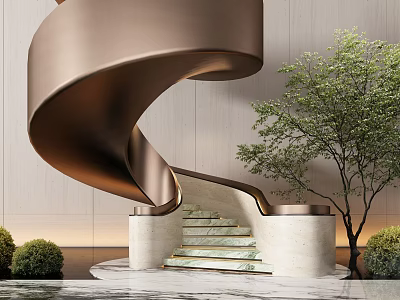 Modern Golden Spiral Staircase Design With Marble Steps Green Tree And Bushes 3d model