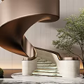 Modern Golden Spiral Staircase Design With Marble Steps Green Tree And Bushes