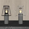 Modern Table Lamps With Concrete Base And Black White Cage Shades On Wooden Background