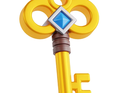 Decorative Ornament Set Featuring Yellow Key With Blue Diamond Shaped Gemstone And Circular Ring Design 3d model