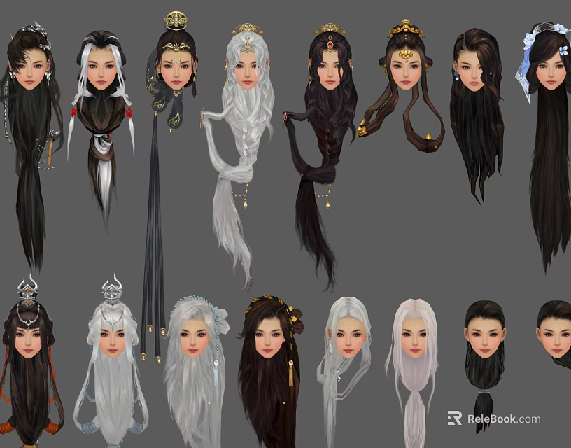 Diverse Hairstyle And Head Accessory Designs With Various Hair Colors And Facial Features 3d model 