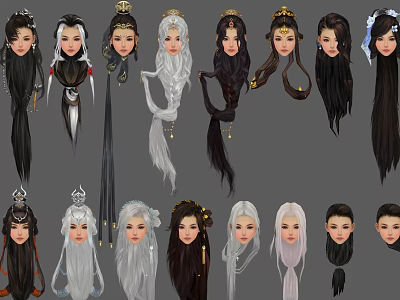 Diverse Hairstyle And Head Accessory Designs With Various Hair Colors And Facial Features 3d model