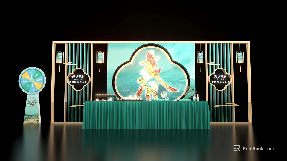 Chinese Style Event Stage With Green Tablecloth Decorative Lanterns And Auspicious Cloud Patterns 3d model