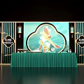 Chinese Style Event Stage With Green Tablecloth Decorative Lanterns And Auspicious Cloud Patterns 3d model