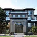 Modern Two Story Detached Villa With Large Windows Columns Front Porch And Greenery Surroundings