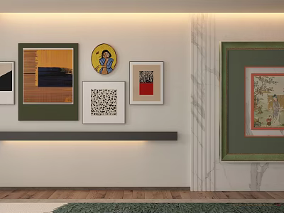 Stylish Interior Wall Display with Multiple Framed Artworks and Decorative Shelf 3d model