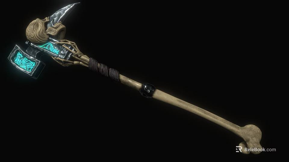 Spiked Decorative Skull Weapon With Glowing Blue Parts And Leather Wrapped Bone Handle 3d model 