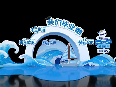 Graduation Celebration Scene With Sailboat Waves And Youth Dreams Of Future 3d model