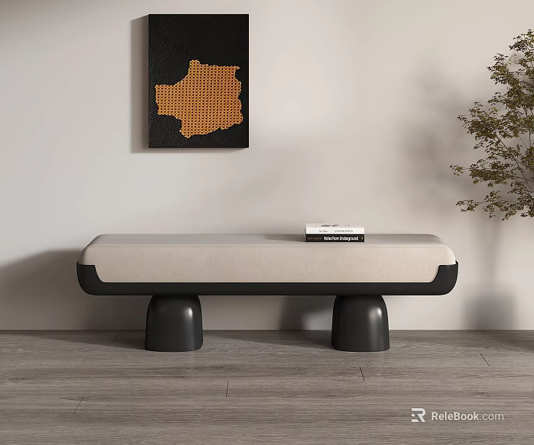 Modern Minimalist Living Room Bench With Beige Cushion Black Legs Wall Art And Plant 3d model 