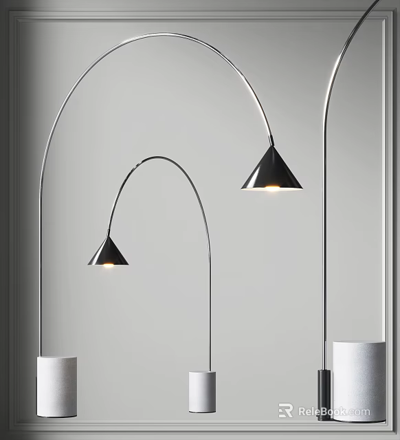 Modern Arched Floor Lamps With Conical Shades And White Bases Illuminating Room 3d model 