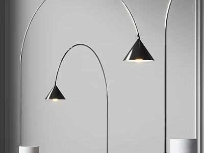 Modern Arched Floor Lamps With Conical Shades And White Bases Illuminating Room 3d model