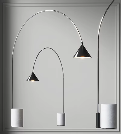 Modern Arched Floor Lamps With Conical Shades And White Bases Illuminating Room 3d model