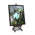 Artist Easel Canvas with Overhead Residential View Painting Swimming Pool Green Trees and High Buildings