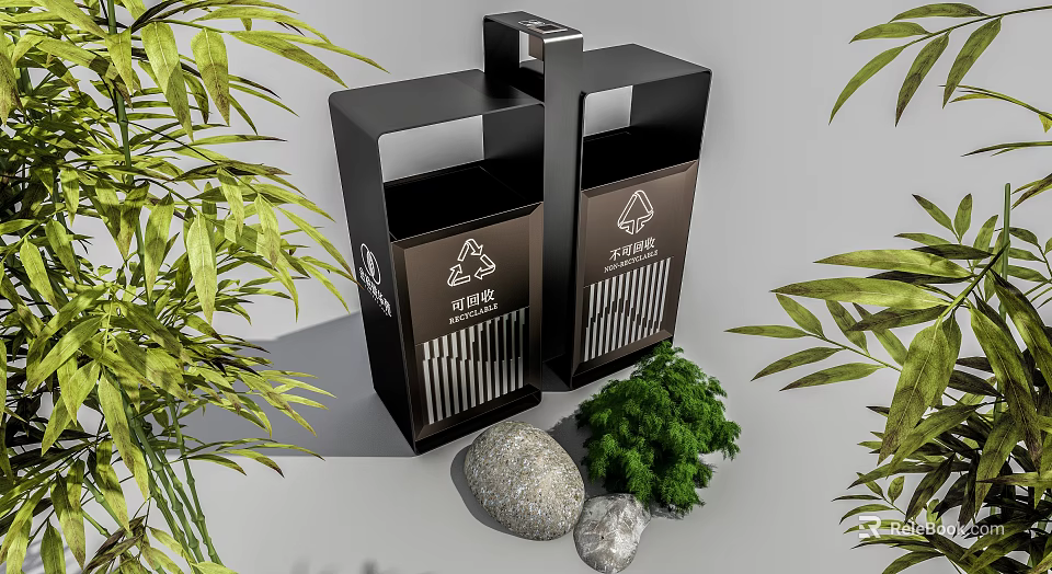 Outdoor Dual Trash Bins With Recycling Symbols Green Plants And Stones 3d model 