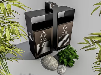 Outdoor Dual Trash Bins With Recycling Symbols Green Plants And Stones 3d model