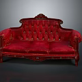 Red Classical Sofa With Velvet Upholstery Carved Wood Frame And Button Tufted Diamond Pattern