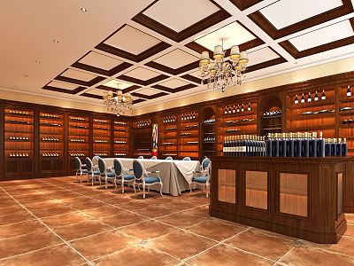 Elegant Liquor Store Interior With Wooden Wine Racks Chandeliers And Displayed Bottles 3d model