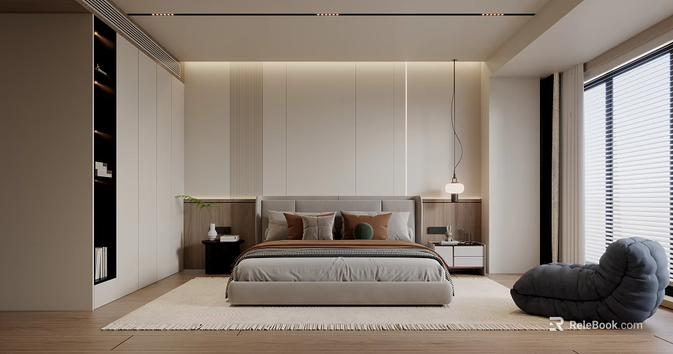 Modern Bedroom Interior Design With Cozy Bed Nightstands Pendant Light And Soft Rug 3d model 