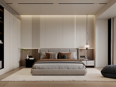 Modern Bedroom Interior Design With Cozy Bed Nightstands Pendant Light And Soft Rug 3d model