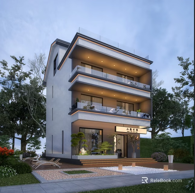 Modern Detached Villa Three Story Exterior With Glass Balconies Surrounded by Trees and Greenery 3d model 