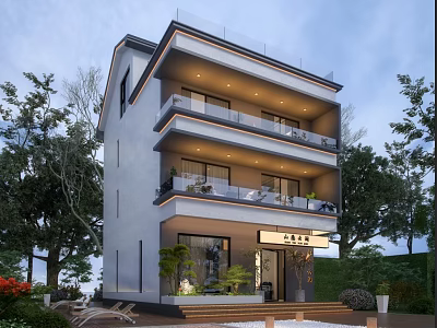 Modern Detached Villa Three Story Exterior With Glass Balconies Surrounded by Trees and Greenery 3d model