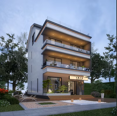 Modern Detached Villa Three Story Exterior With Glass Balconies Surrounded by Trees and Greenery 3d model