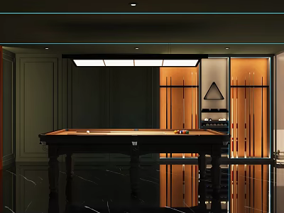 Elegant Entertainment Room Interior With Pool Table Dark Walls Pool Cue Rack And Orange Lighting 3d model
