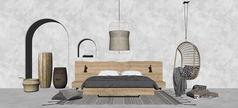 Double Bed With Wooden Headboard Gray Bedding And Woven Pendant Light In Modern Bedroom 3d model 