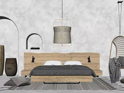 Double Bed With Wooden Headboard Gray Bedding And Woven Pendant Light In Modern Bedroom 3d model