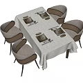 Modern Dining Table and Gray Brown Chairs Set with White Tablecloth and Dinnerware 3d model