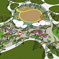 Colorful Children's Playground With Sandpit Shade Umbrellas Green Lawns And Winding Paths